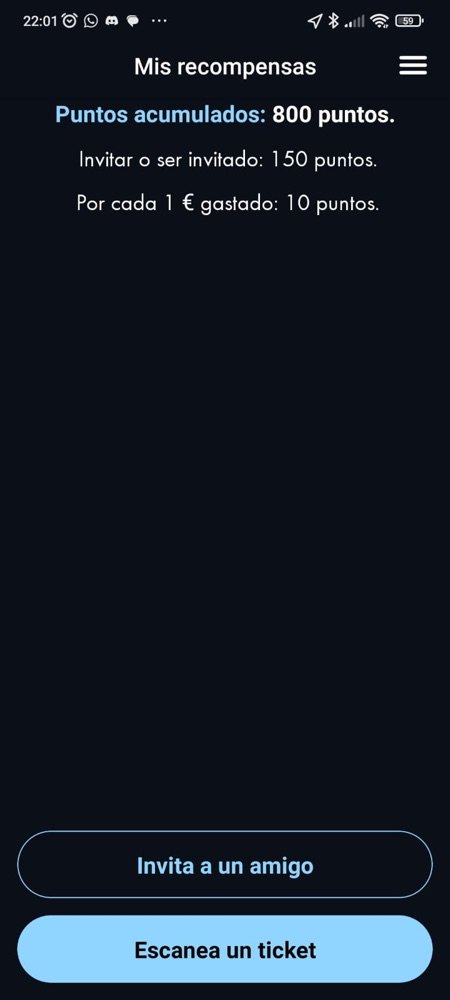 Pantalla de recompensas con puntos acumulados