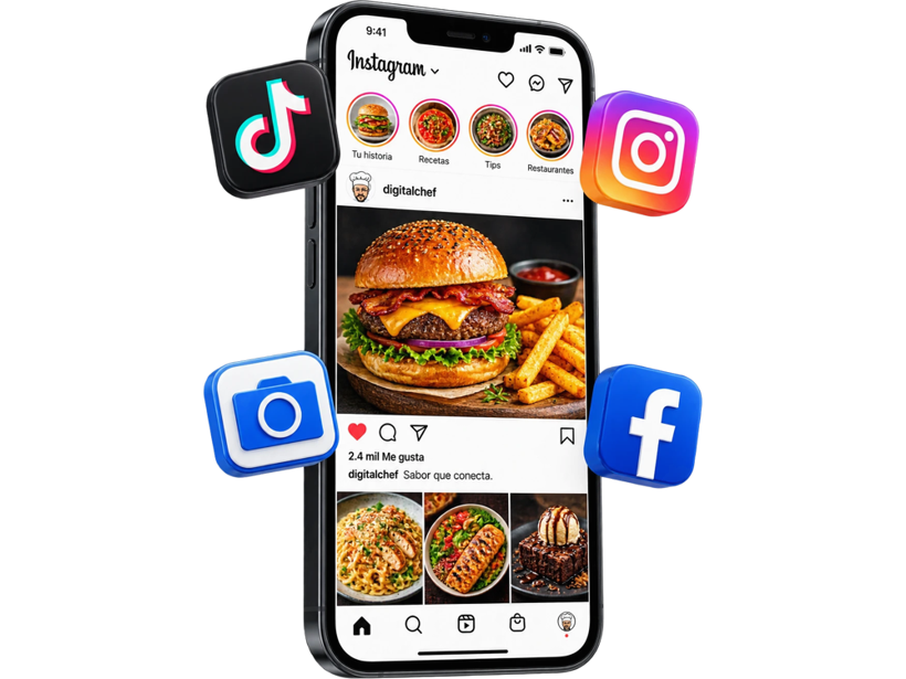 Móvil con el Instagram de Digital Chef y los iconos de TikTok, Instagram y Facebook